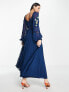 ASOS DESIGN Tall embroidered lace insert pleated midi dress with long sleeves in navy