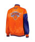 ფოტო #1 პროდუქტის Women's Blue, Orange New York Knicks Split Colorblock Satin Full-Snap Varsity Jacket