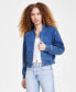 Фото #1 товара Women's Ribbed-Edge Cropped Denim Bomber Jacket