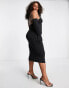 Simmi Plus strappy back asymmetric midi dress with gloves in black