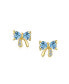 Tiny Minimalist Cubic Zirconia London Blue Simulated Topaz CZ Ribbon Bow Stud Earrings For Women Real 14K Gold Screw back