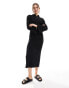 ASOS DESIGN placket ribbed collared maxi with ruched side and flare long sleeve in black