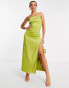 Фото #2 товара Extro & Vert one shoulder maxi dress with split in olive satin