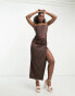 Bardot bandeau satin slip midi dress in chocolate