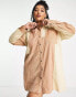 Фото #4 товара ASOS DESIGN Curve cord oversized mini shirt dress in patchwork beige tones