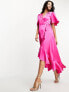 Flounce London flutter sleeve wrap front satin maxi dress in fuchsia pink