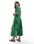 YAS floral belted t-shirt midi dress in green print - MGREEN