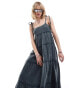 COLLUSION double cloth shirred tiered cami maxi sun dress in washed black