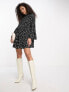 River Island pleated long sleeve mini dress in black polka dot