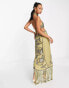 Фото #8 товара ASOS DESIGN halter embellished pencil midi dress with floral artwork and fringing in olive