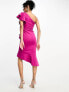 True Violet one shoulder ruffle midi dress in fuchsia