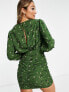 Фото #2 товара ASOS DESIGN plunge neck belted mini dress with ruched skirt in green pattern