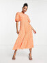 Фото #4 товара ASOS DESIGN Petite high neck pleated chevron dobby midi dress with puff sleeve in coral