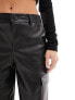 Stradivarius Petite faux leather cargo trouser in black 40 - фото #9