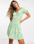 ASOS DESIGN plisse mini tea dress with short sleeve and waist detail in green daisy floral