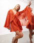 Фото #2 товара ASOS EDITION applique floral cape sleeve full skirt mini dress in rust