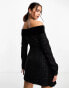 Фото #2 товара Miss Selfridge bardot boucle mini dress with velvet trim in black