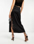 ASOS DESIGN satin midi slip skirt with lace inserts in black