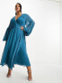 Фото #1 товара ASOS DESIGN Curve wrap balloon sleeve midi dress with tie waist detail in teal