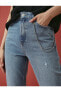 Yüksek Bel Kot Pantolon Zincir Detaylı - Mom Jean
