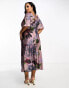 ASOS DESIGN Curve exclusive satin flutter sleeve midi dress in grey floral print