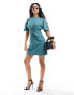 ASOS DESIGN linen-look flutter sleeve mini dress with ruching detail in spearmint