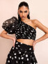 ASOS LUXE co-ord one shoulder blouson sleeve polka dot organza top in monochrome