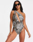 Фото #4 товара Free Society Petite one shoulder cut out swimsuit in animal print