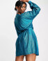 Extro & Vert belted mini dress with balloon sleeves in blue plisse