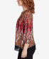 Petite Embellished Placket Decorative Border Print Knit Top with Three Quarter Balloon Sleeves