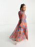 Фото #4 товара Urban Revivo tiered high neck maxi dress in red and blue print