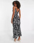 Фото #4 товара ASOS DESIGN Tall high apex satin maxi slip dress in black based white floral