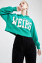 Фото #6 товара Slogan Baskılı Kapüşonlu Oversize Fit Crop Sweatshirt