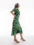 Topshop lace up back occasion midi dress with raw seams in green floral print