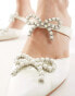 Glamorous Wide Fit Bridal pearl embellished bow heeled mules in ivory satin