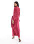 ASOS DESIGN satin long sleeve maxi dress with tie waist overlay detail in berry pink