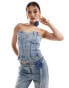 Simmi denim structured sweetheart neck corset top with corsage choker co-ord in light wash blue