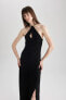 Фото #8 товара Платье женское Defacto Bodycon с разрезом черное из смесовой льняной ткани