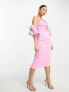Фото #7 товара ASOS DESIGN Petite bardot puff sleeve midi dress with floral sequin embellishment in pink