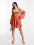 Фото #4 товара ASOS DESIGN ruched bust off shoulder cut out babydoll mini dress in burnt red