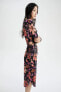 Slim Fit Desenli Kesik Detaylı Uzun Kollu Maxi Elbise