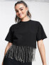 ASOS DESIGN cropped tee with fringe diamante hem in black