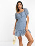 Фото #2 товара ASOS DESIGN dobby chiffon milkmaid neckline ruched bodycon mini dress in light blue