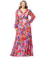 Plus Size Printed Pleated Long-Sleeve Gown