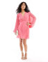 Фото #3 товара ASOS DESIGN pleated dobby chiffon wrap button detail mini dress in hot pink