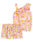 Фото #1 товара Baby 2-Piece Floral Print Asymmetrical Top & Paperbag Twill Shorts Set 12M