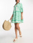 Accessorize flute sleeve jacquard beach summer mini dress in green & white