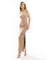 Kaiia slinky off shoulder bodycon ruched side maxi dress in camel