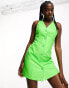 Фото #2 товара The Frolic button front belt back faux leather mini dress in acid lime