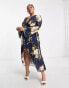 Фото #4 товара ASOS DESIGN Curve bias cut satin wrap dress with tie waist in navy floral print